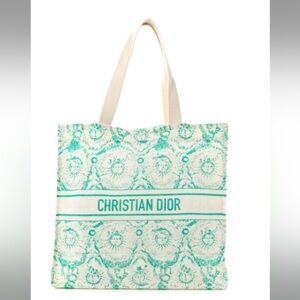 Dior Cream and Turquoise Christian Dior Printed Canvas Tote